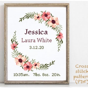 Birth announcement modern cross stitch pattern, baby, personalized, boy girl nursery decor, counted, chart, gift DIY, digital PDF