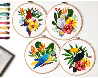 Tropical Birds Cross Stitch Pattern Set, Modern Embroidery (PDF Pattern)