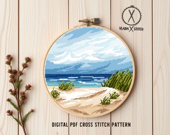 Patrón de punto de cruz de playa, paisaje oceánico, escena costera de verano (patrón digital en PDF para descargar)