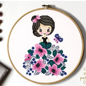 Floral girl Modern Cross Stitch Pattern, flowers counted cross stitch chart, nature, hoop, Instant download PDF