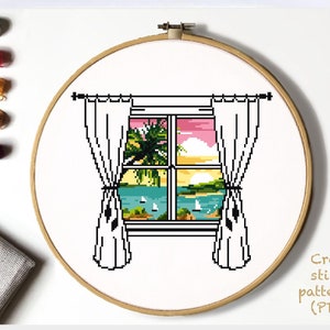 Landscape Modern Cross Stitch Pattern, nature easy counted cross stitch chart, beach, sea, palm,  hoop art, instant download PDF