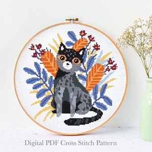Flora Catl Modern Cross Stitch Pattern, flower  counted cross stitch chart, animal, nature, hoop, Instant download PDF