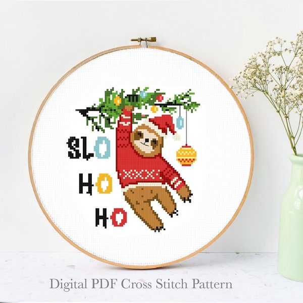 Christmas sloth Modern Cross Stitch Pattern, easy counted cross stitch chart, animal, nature, instant download PDF