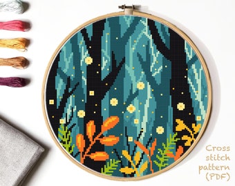 Landscape Cross Stitch Pattern modern, fireflies, watercolor, counted chart, forest, nature cross stitch, hoop art, embroidery, instant PDF