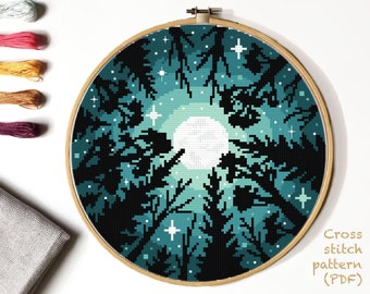 Landscape  Cross Stitch Pattern, nature counted cross stitch chart, starry sky,, forest , round, embroidery, INSTANT DOWNLOAD PDF