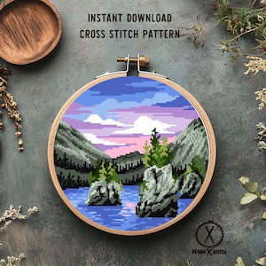 Kenai Fjords National Park Modern Cross Stitch Pattern, Mountain Lake Landscape (PDF Download)