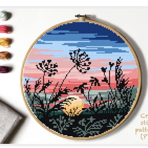 Landscape Modern Cross Stitch Pattern, nature easy counted cross stitch chart, sunset, flowers, hoop art, instant download PDF