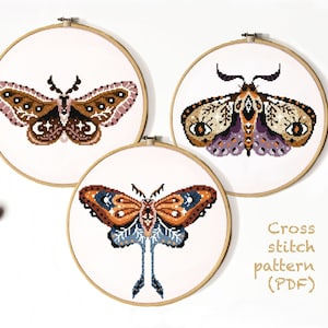 Set of 3 Moths Modern Cross Stitch Pattern, insects, instant download pdf