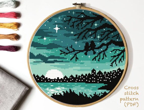 Landscape Cross Stitch Pattern Tree Night City River - Etsy Canada
