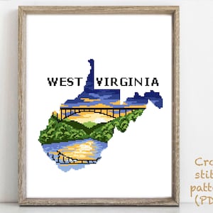 West Virginia Modern Cross Stitch Pattern, nature easy counted cross stitch chart, mountain, forest, hoop art, instant download PDF