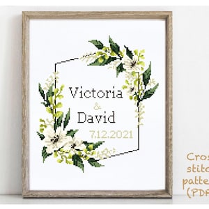 Wedding modern cross stitch pattern, personalized, customized, floral, wreath, counted, chart,  anniversary, wedding gift DIY, digital PDF