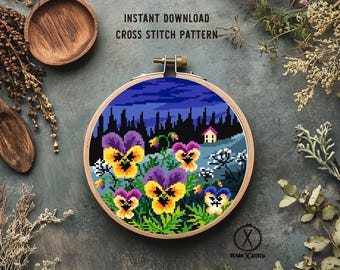 Pansy Flowers Cross Stitch Pattern, Floral Landscape, Easy DIY Embroidery (Digital Download)