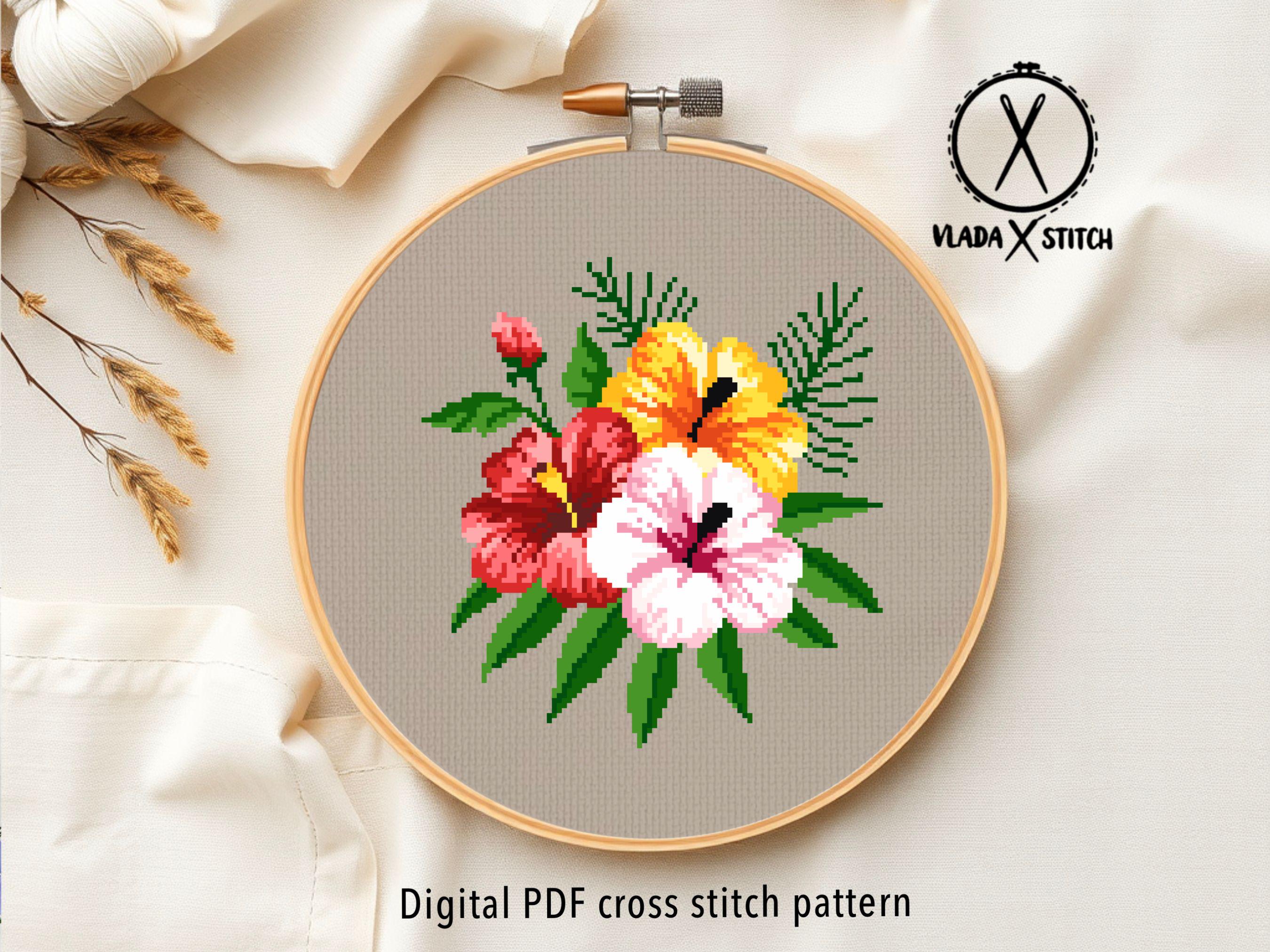 Tropical Flowers Modern Cross Stitch Pattern, Floral Cross Stitch