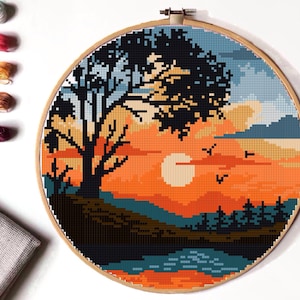 Landscape Modern Cross Stitch Pattern, easy counted cross stitch chart, nature cross stitch, sunset, tree, hoop art, embroidery, instant PDF