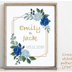 Wedding modern cross stitch pattern, personalized, customized, floral, wreath, counted, chart, anniversary, wedding gift DIY, digital PDF