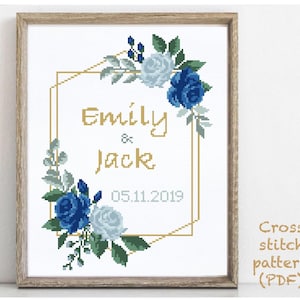 Modern kruissteekpatroon bruiloft, gepersonaliseerd, aangepast, bloemen, krans, geteld, grafiek, jubileum, huwelijkscadeau DIY, digitale pdf
