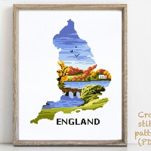 England Modern Cross Stitch Pattern, Great Britain, country, landscape, nature, silhouette cross stitch, instant download pdf