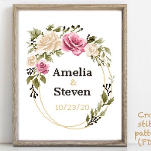 Wedding modern cross stitch pattern, personalized, customized, floral, wreath, counted, love, anniversary, wedding gift DIY, digital PDF