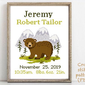 Birth announcement modern cross stitch pattern, baby, personalized, boy girl nursery decor, Bear, counted, chart, gift DIY, digital PDF