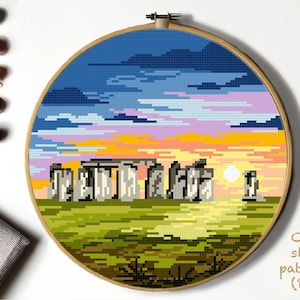 Stonehedge United Kingdom Modern Cross Stitch Pattern, country, nature, easy counted cross stitch chart, hoop art, instant download PD