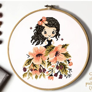 Floral girl Modern Cross Stitch Pattern, flower counted cross stitch chart, nature, hoop, Instant download PDF