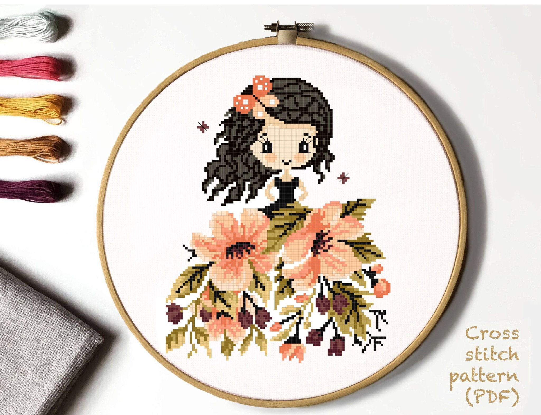 Floral Girl Modern Cross Stitch Pattern Flower Counted Cross picture