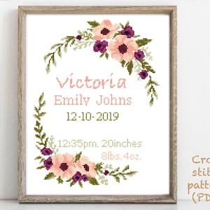 Birth announcement modern cross stitch pattern, baby, personalized, boy girl nursery decor, counted, chart, gift DIY, digital PDF