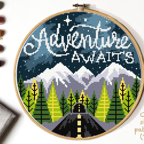 Adventure awaits, Landscape Cross Stitch Pattern, mountains counted cross stitch chart, forest , round, embroidery, INSTANT DOWNLOAD PDF