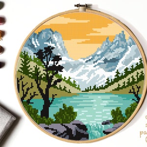 Rocky Mountain national park Modern Cross Stitch Pattern, nature counted cross stitch chart, landscape, lake, mountains, forest, instant PDF