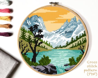 Rocky Mountain national park Modern Cross Stitch Pattern, nature counted cross stitch chart, landscape, lake, mountains, forest, instant PDF