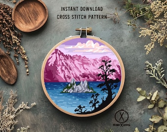 Crater lake national park Modern Cross Stitch Pattern, landscape, mountains, instant PDF