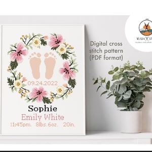 Patrón de punto de cruz moderno para anuncio de nacimiento de bebé, gráfico de punto de cruz contado para decoración de guardería de niño y niña, regalo de baby shower DIY, PDF digital
