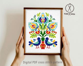 Folk Art Birds Cross Stitch Pattern, Polish Floral Embroidery Design (PDF Pattern Download)
