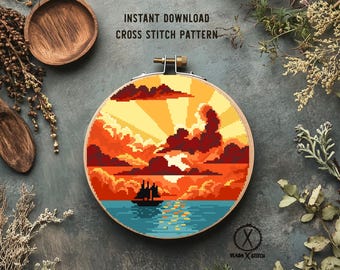Sunset Ship Cross Stitch Pattern, Modern Landscape (PDF Download)