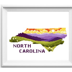North Carolina state  Modern Cross Stitch Pattern, nature counted cross stitch chart, Smoky Mountain national park, mountains, instant PDF