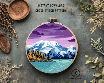 Modern Landscape Cross Stitch Pattern, Lake & Mountains (PDF Pattern)