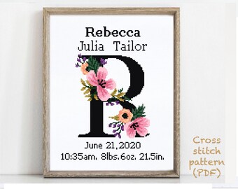 Birth announcement modern cross stitch pattern, letter R, baby, personalized, girl nursery decor, counted, chart, gift DIY, digital PDF