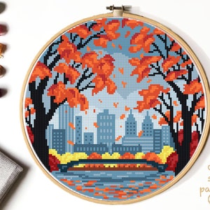 Autumn Landscape Modern Cross Stitch Pattern, nature, New York city, tree, easy counted chart, embroidery, instant download PDF