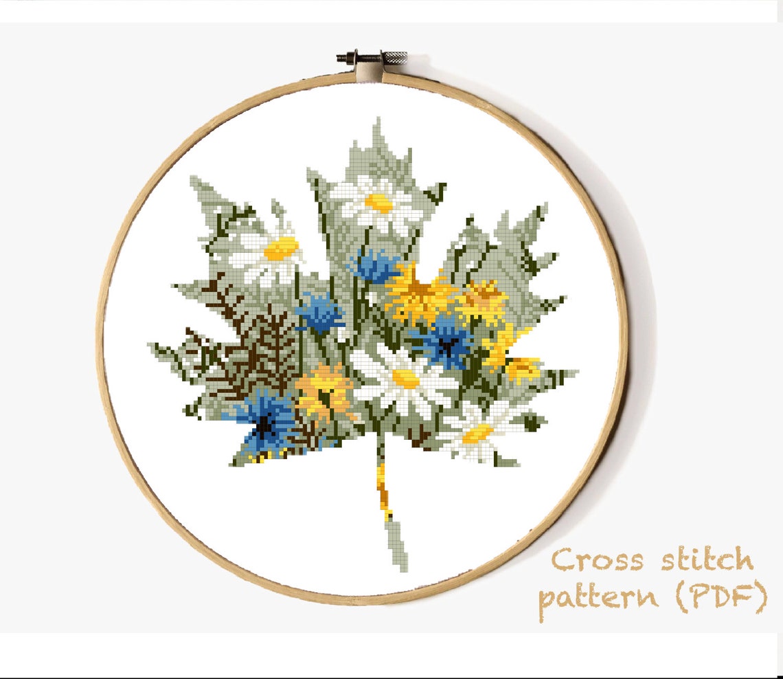 Set of 4 Flowers Leaves Modern Cross Stitch Pattern, Nature, Instant ...