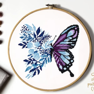 Floral butterfly Modern Cross Stitch Pattern, flower counted cross stitch chart, insects, nature, hoop, Instant download PDF