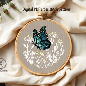 Modern Butterfly Cross Stitch Pattern, Nature Insect Hoop Art (PDF Download)