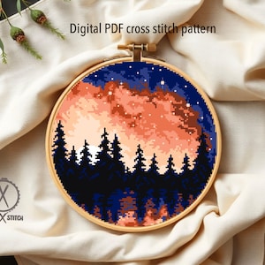 Forest Sunset Cross Stitch Pattern, Modern Landscape Needlepoint Design (PDF Download)