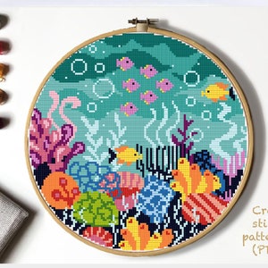 Sea bottom Modern Cross Stitch Pattern, nature easy counted cross stitch chart, ocean, animals, embroidery, hoop art, instant download PDF