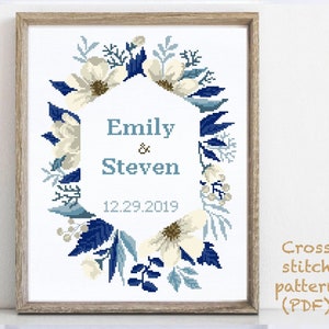 Wedding modern cross stitch pattern, personalized, customized, floral, wreath, counted, chart, anniversary, wedding gift DIY, digital PDF