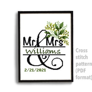 Wedding modern cross stitch pattern, personalized, customized, floral, wreath, counted, chart, anniversary, wedding gift DIY, digital PDF image 2