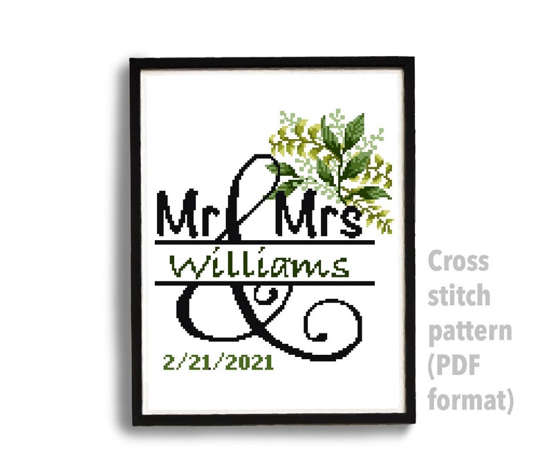 Wedding modern cross stitch pattern, personalized, customized, floral, wreath, counted, chart, anniversary, wedding gift DIY, digital PDF image 2