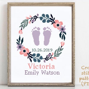 Baby birth announcement modern cross stitch pattern, girl nursery decor counted cross stitch chart, baby shower gift DIY, digital PDF