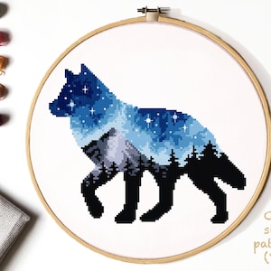 Wolf Kreuzstich Anleitung, Kreuzstichmuster Wald, Berge, Wald, Natur, Stickbild, Stickmuster, sofort PDF