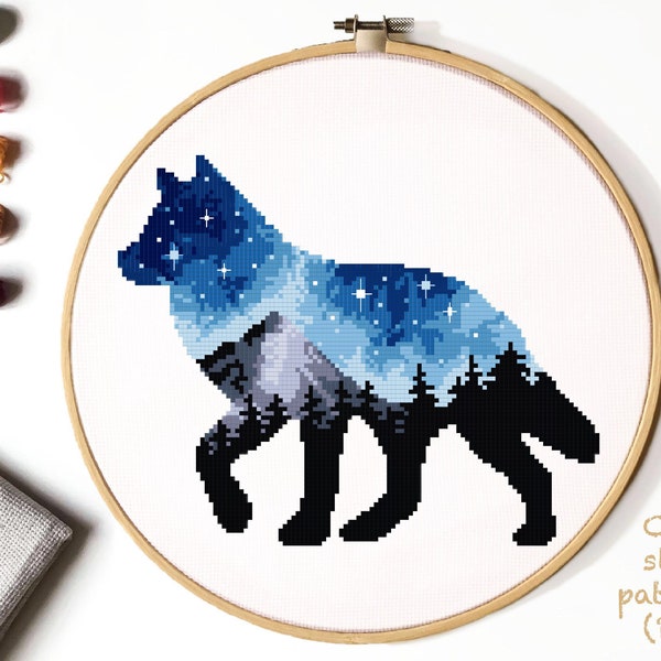 Wolf Cross Stitch Pattern, landscape  cross stitch chart, animal cross stitch, mountains, forest, nature, hoop art, embroidery, instant PDF