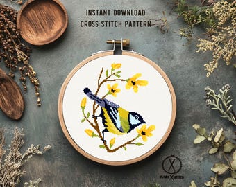 Bird on Branch Cross Stitch Pattern, Modern Floral Embroidery Design (PDF Download)